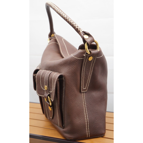 CELINE Vintage Shoulder Bag Brown Leather Gold Triomphe Fold over Handbag - Picture 4 of 13